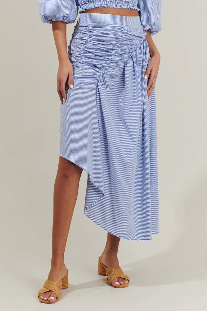 Sammy Striped Belen Ruched Midi Skirt- Blue/White