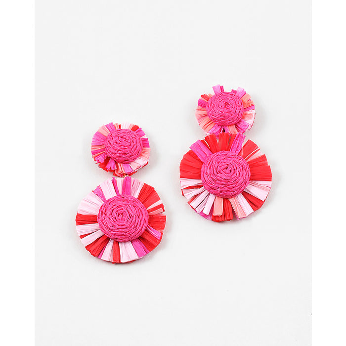 Raffia Floral Statement Earrings- Pink