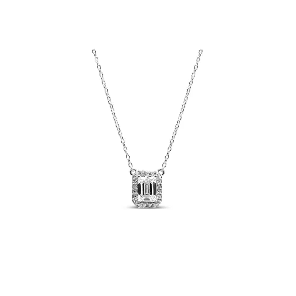 Vertical Baguette Halo Necklace- Sterling Silver