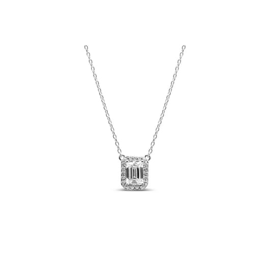 Vertical Baguette Halo Necklace- Sterling Silver