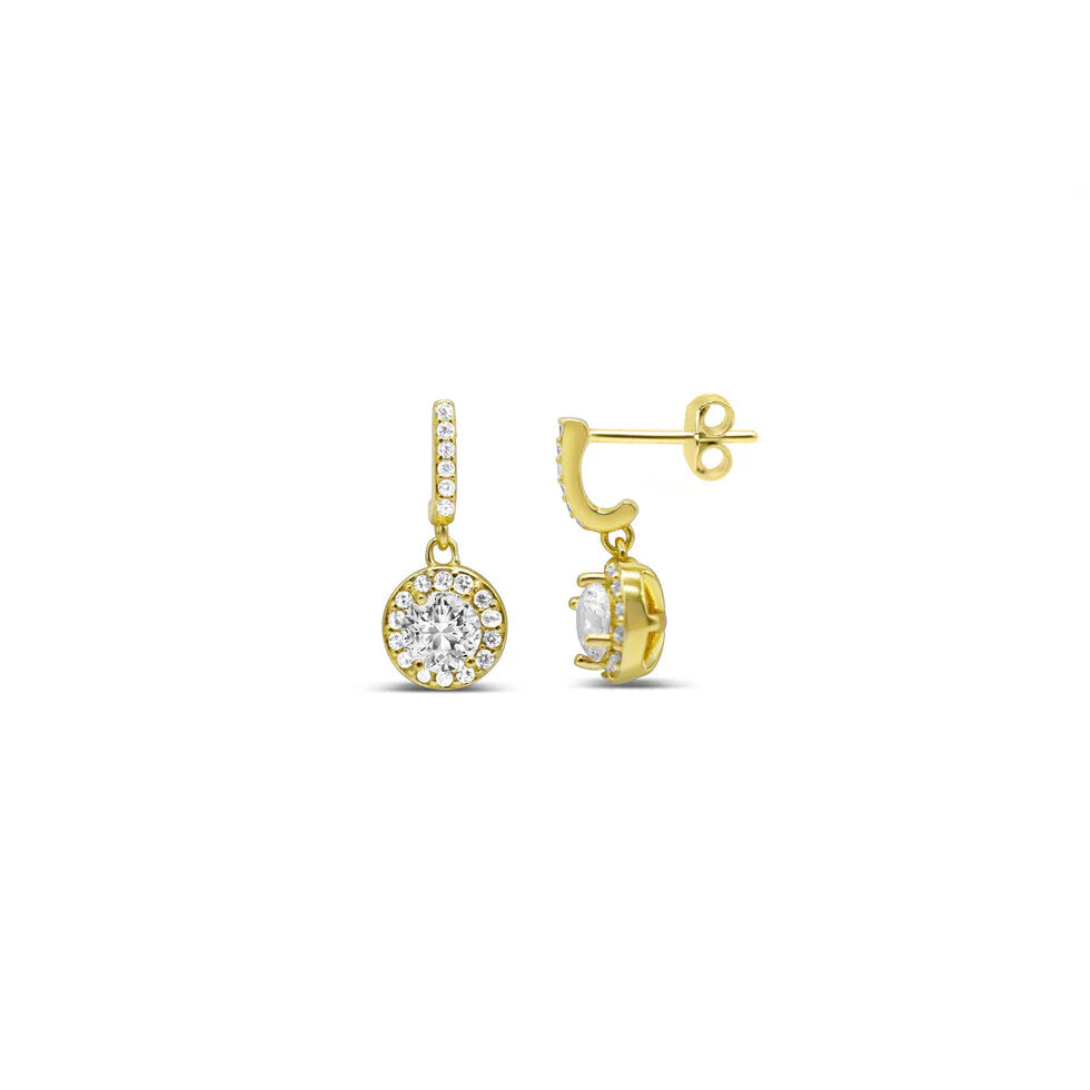 Round Solitaire Halo Drop Earrings- Gold