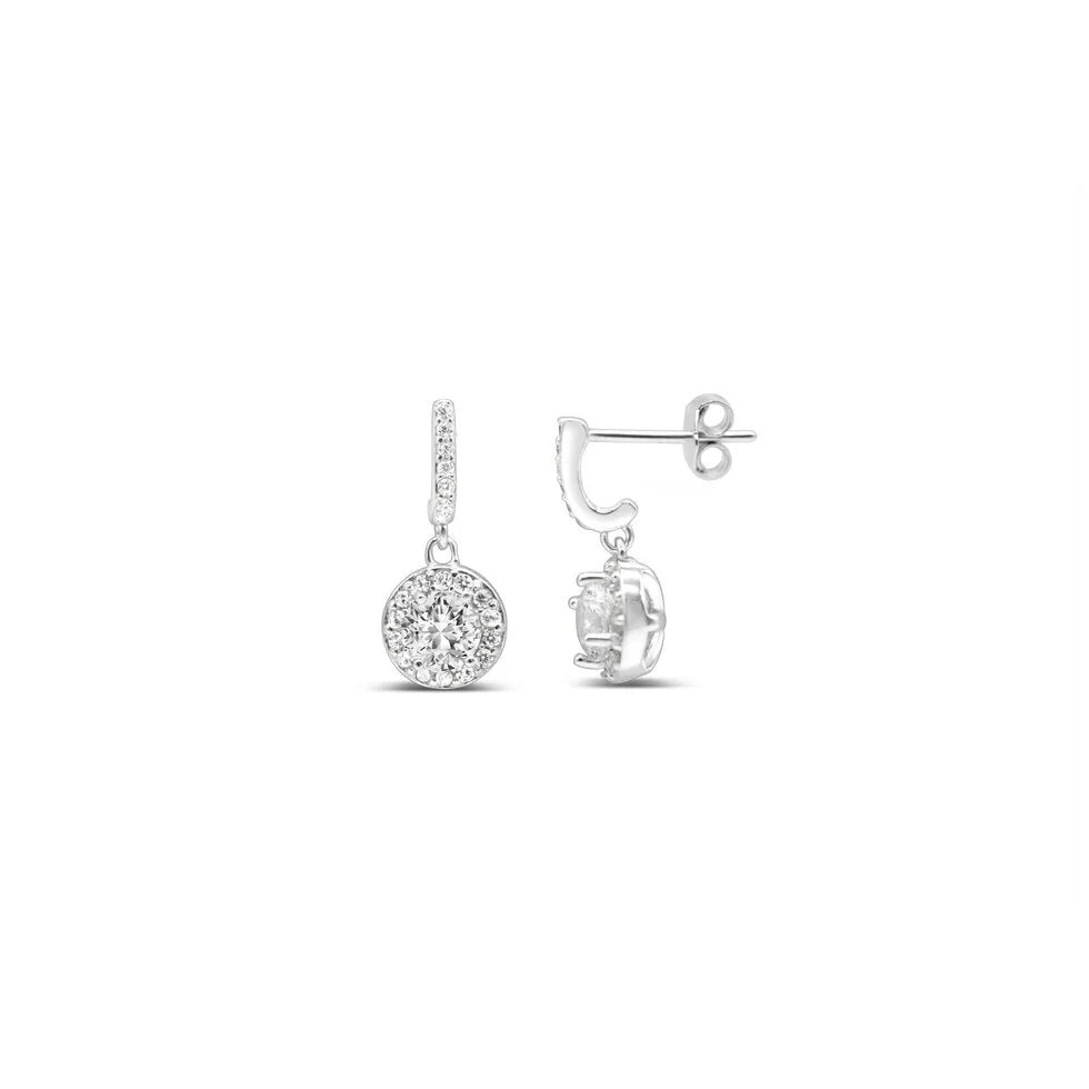 Round Solitaire Halo Drop Earrings- Sterling Silver