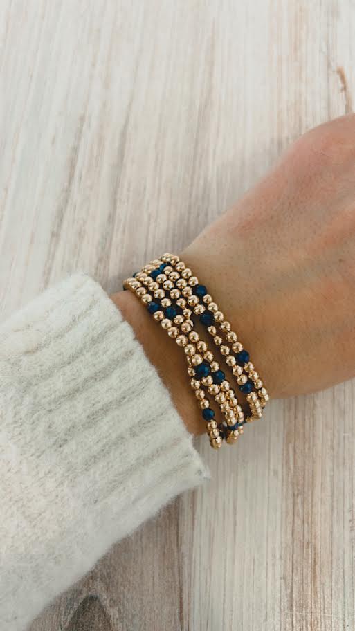 3 Strand Gold Ball Bracelet- Navy Crystal