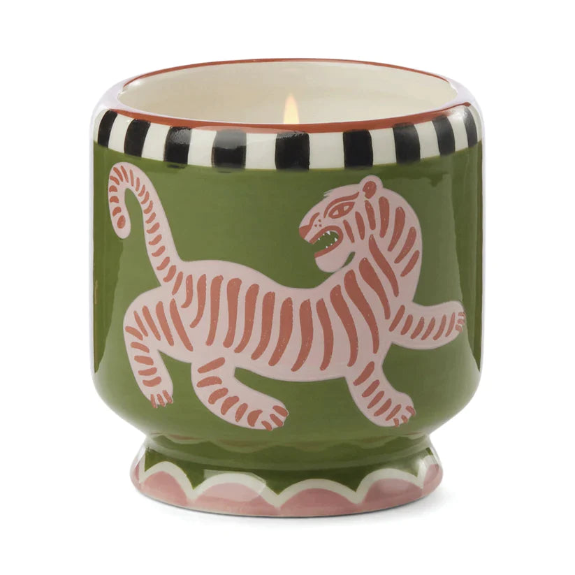A Dopo Handpainted Tiger Ceramic Candle- Black Cedar & Fig
