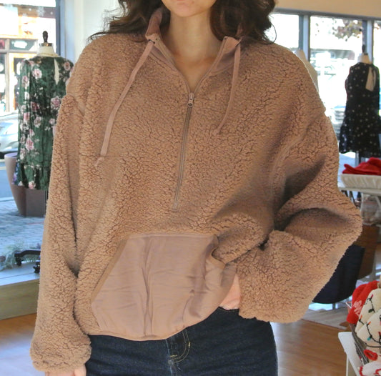 Fuzzy Fleece Half Zip- Mocha