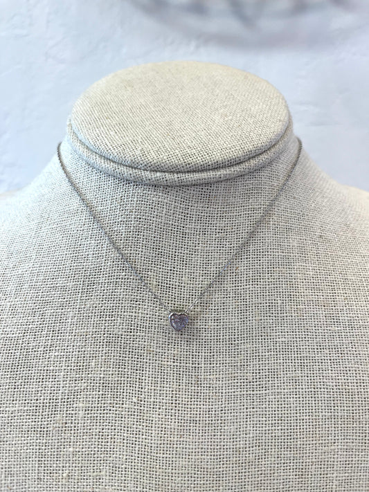 Bezel Heart Necklace- Clear CZ/April