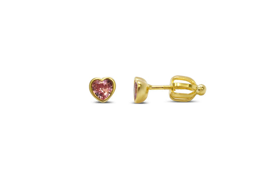 Bezel Heart CZ Stud Earrings- Gold/Pink