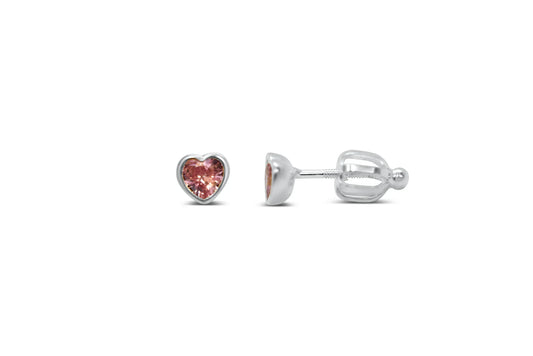 Bezel Heart CZ Stud Earrings- Sterling Silver/Pink