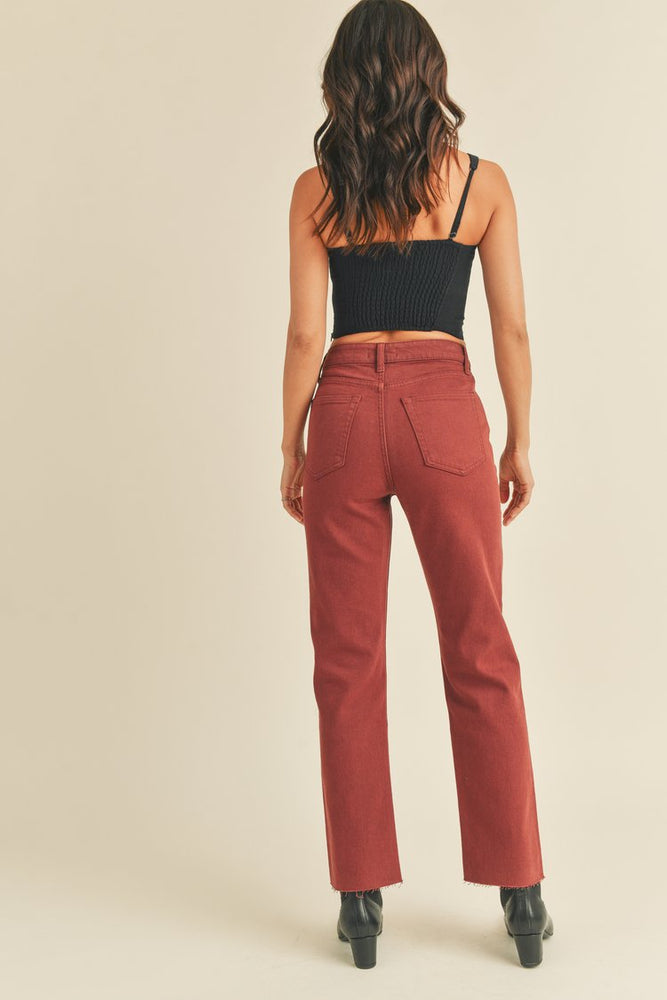 Cut Off Cropped Straight Leg Jeans- Burgundy
