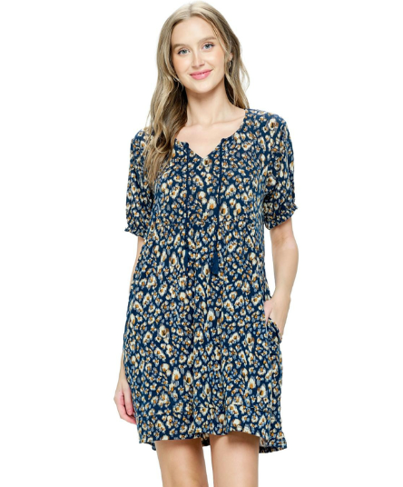 Floral With Pockets Dress- Navy