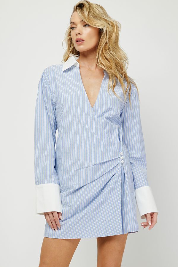 Mini Shirt Strap Dress- Blue/White