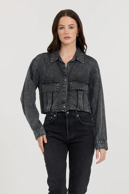 Cropped Pocket Detail Button Up- Washed Black