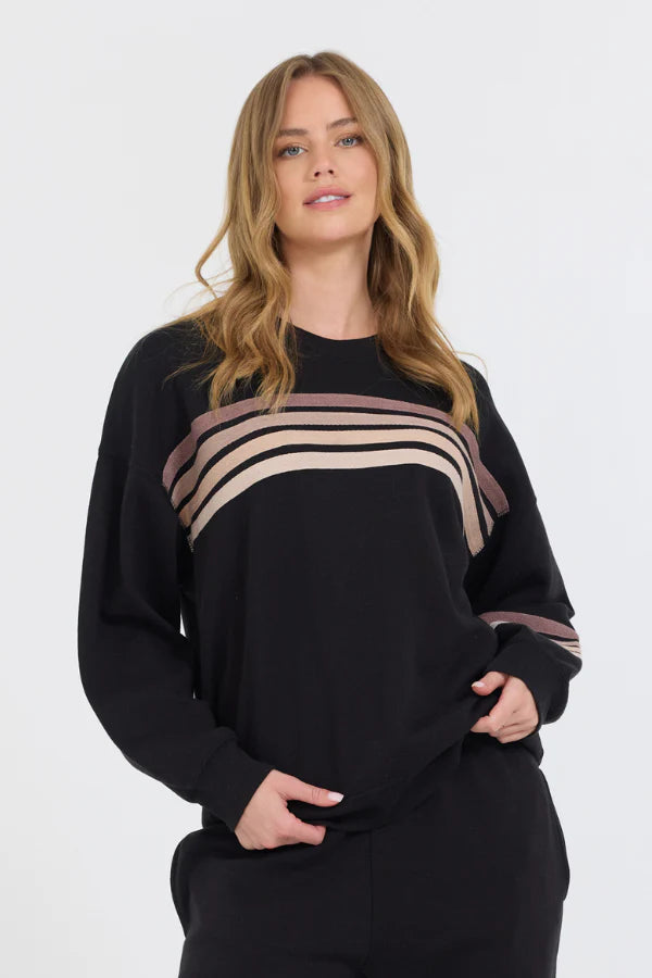 Burnout Fleece Crewneck- Black with Neutral Stripes