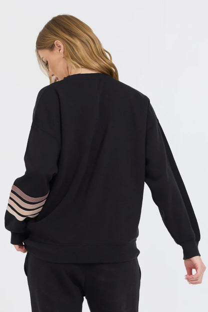 Burnout Fleece Crewneck- Black with Neutral Stripes