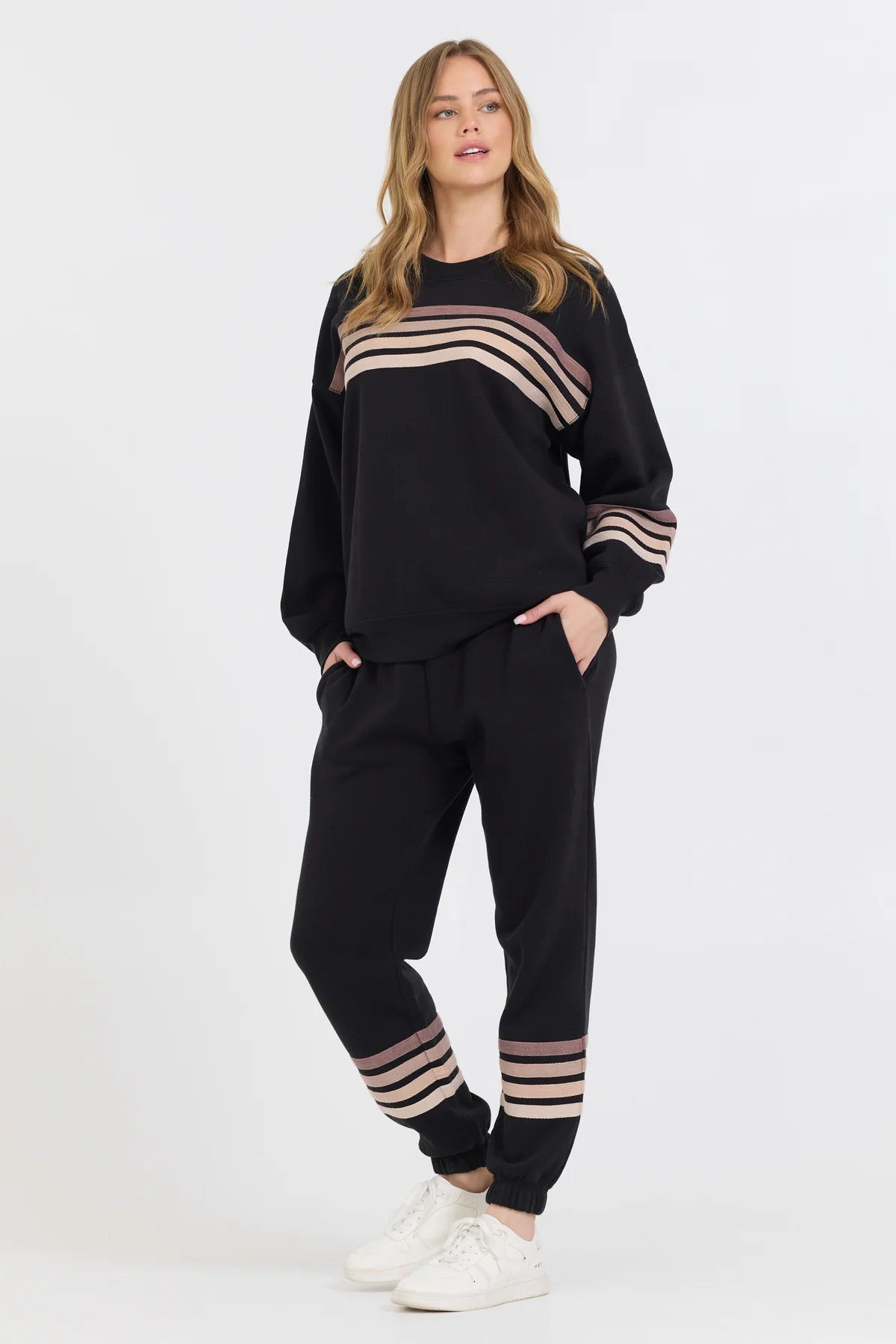 Burnout Fleece Crewneck- Black with Neutral Stripes