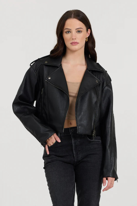 Leather Zip Moto Jacket- Black