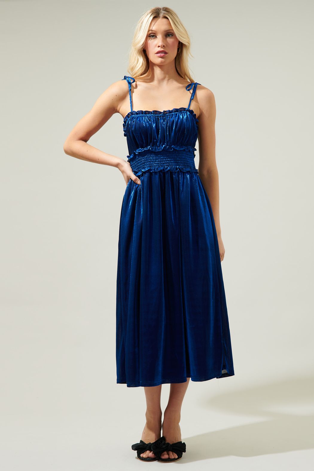 Lurelle Smoked Waist Tie Strap Poplin Midi Dress- Blue