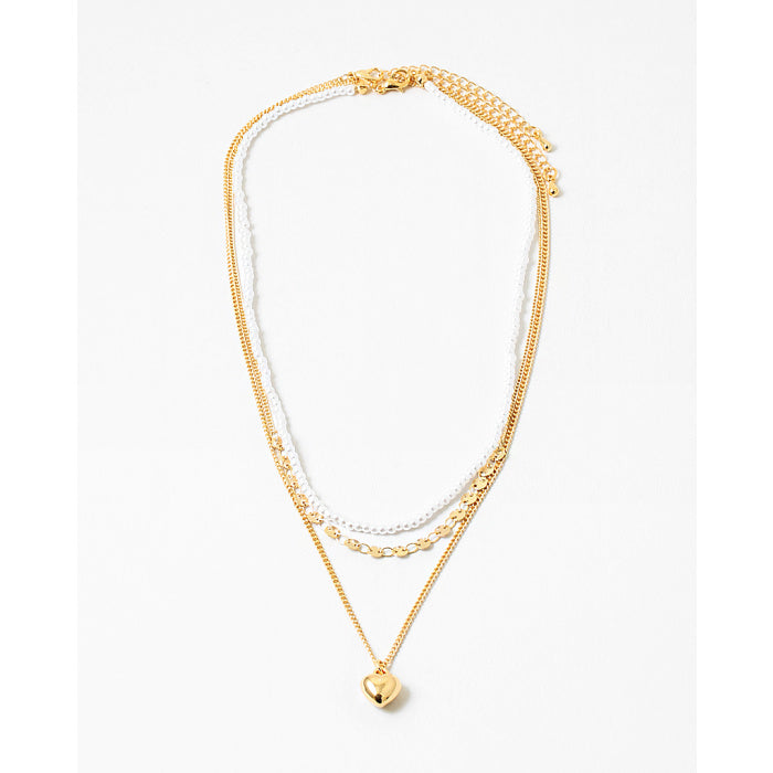 Multi Strand Pearl and Heart Necklace- Gold