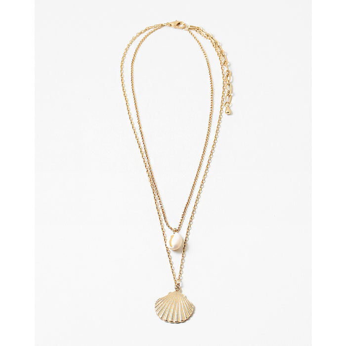 Double Strand Shell Necklace- Gold/Pearl