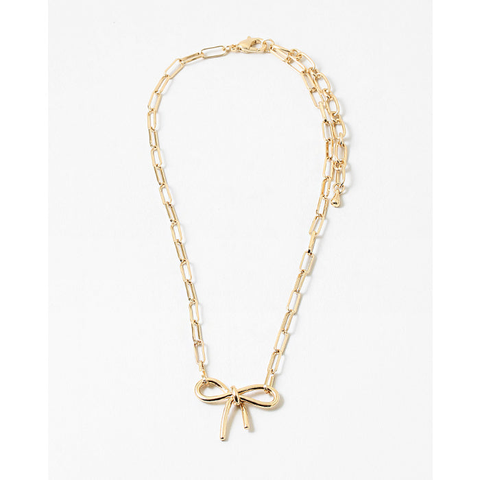 Paper Clip Big Bow Necklace- Gold