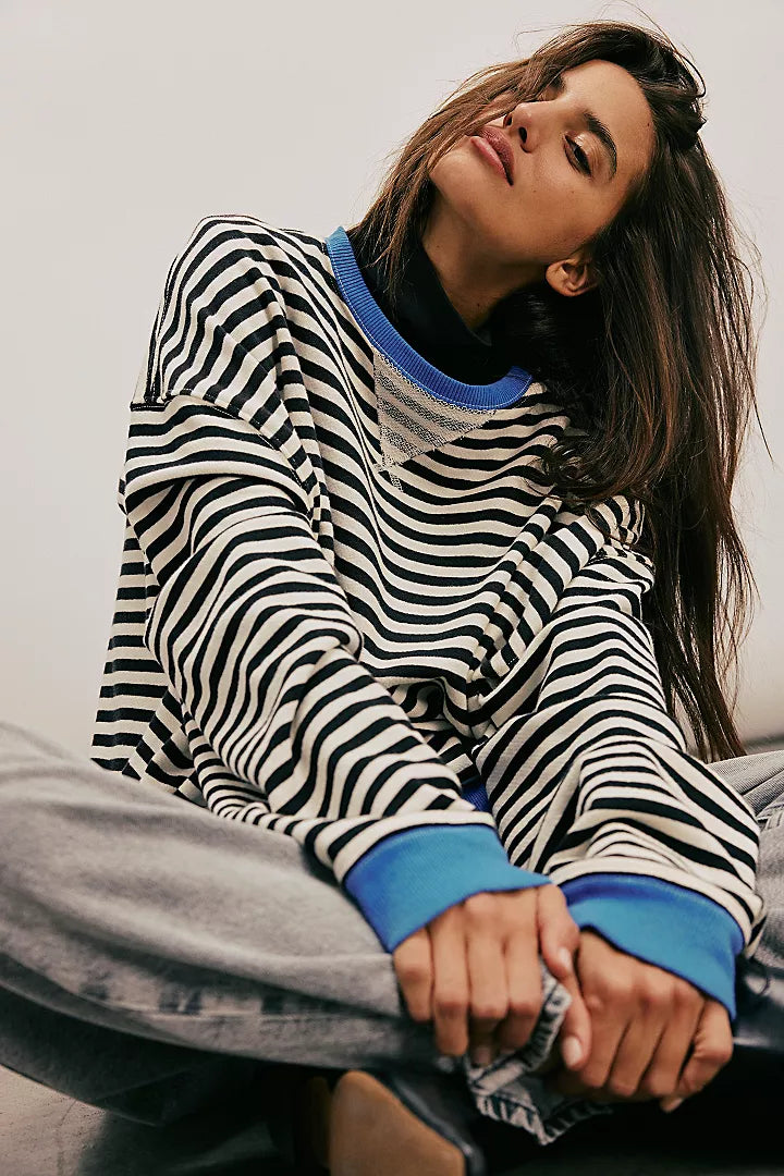 Classic Striped Oversized Crewneck- Black Combo