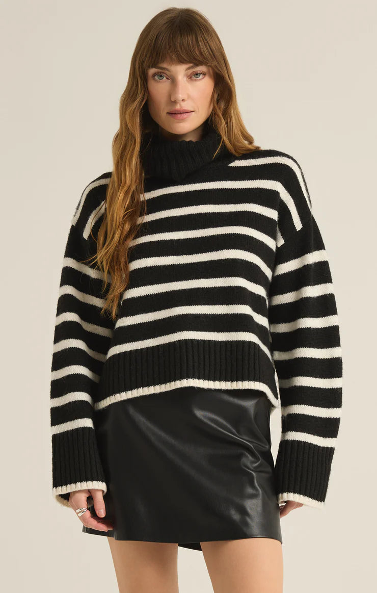 Josephine Stripe Turtleneck Sweater- Black