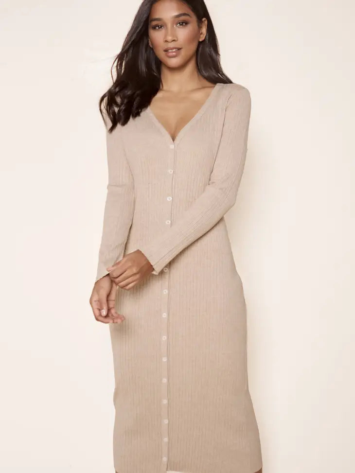 Provence Ribbed Knit Midi Cardigan Dress- Oatmeal