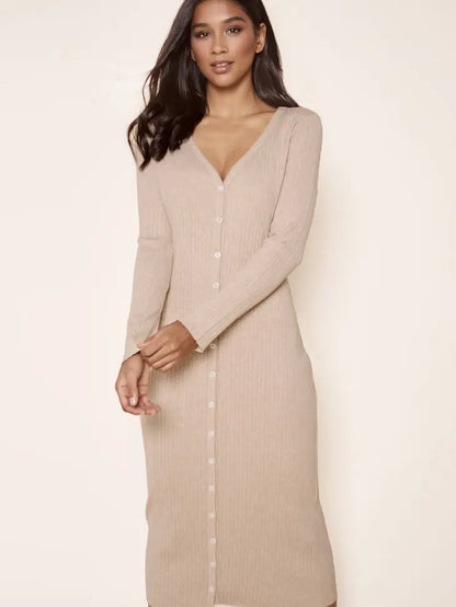 Provence Ribbed Knit Midi Cardigan Dress- Oatmeal