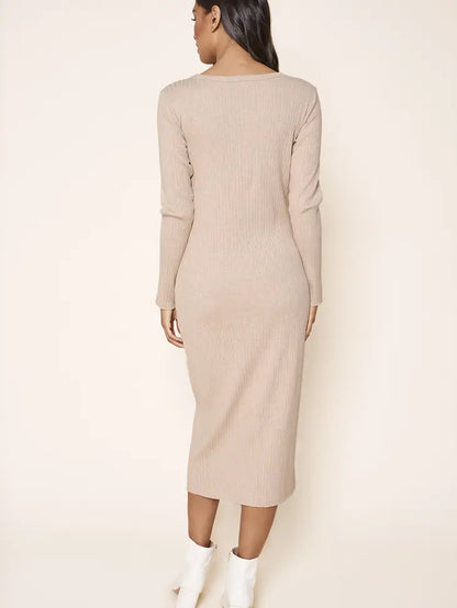 Provence Ribbed Knit Midi Cardigan Dress- Oatmeal